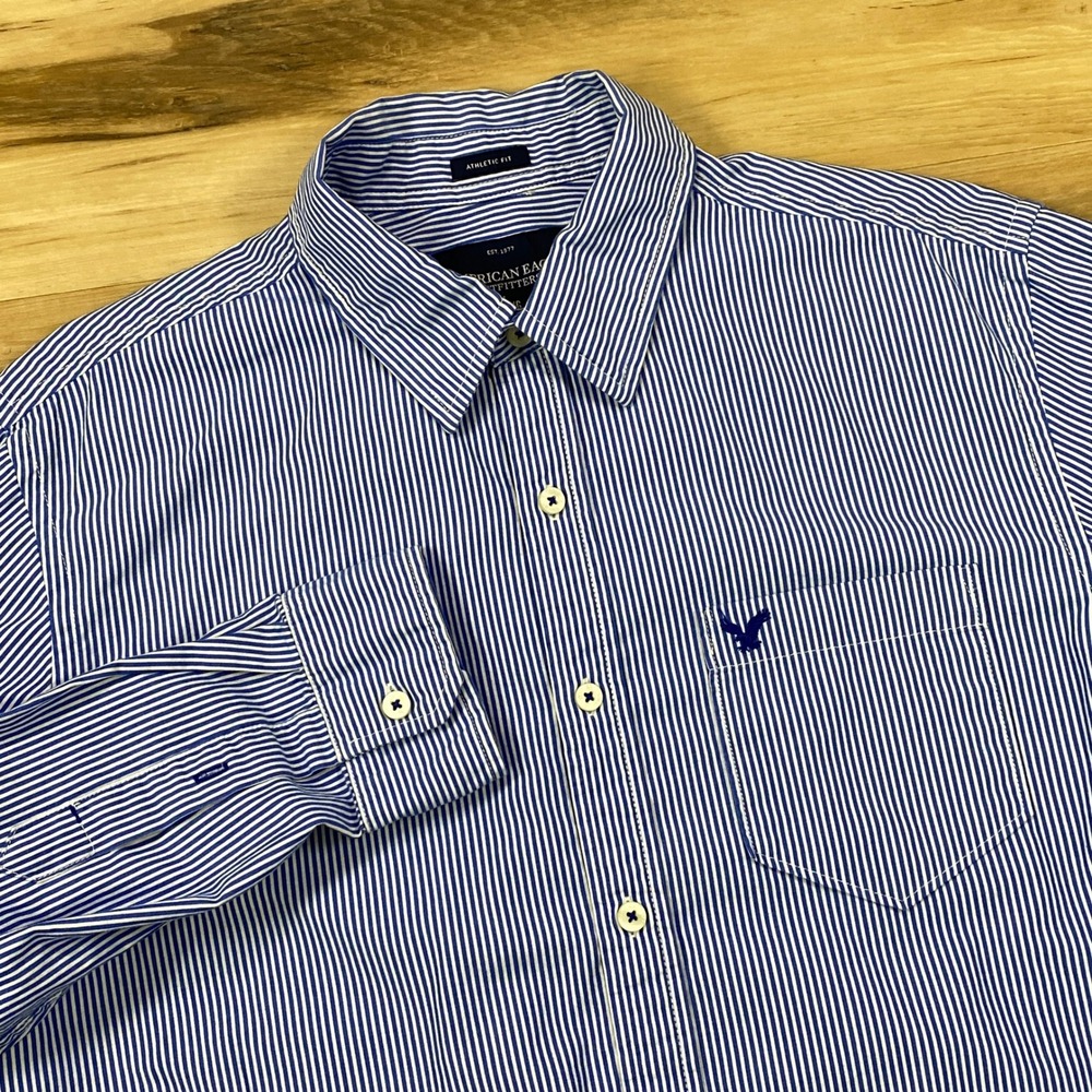 American Eagle Button Up Mens L Striped Cotton Athletic Fit Blue White Classic‎
